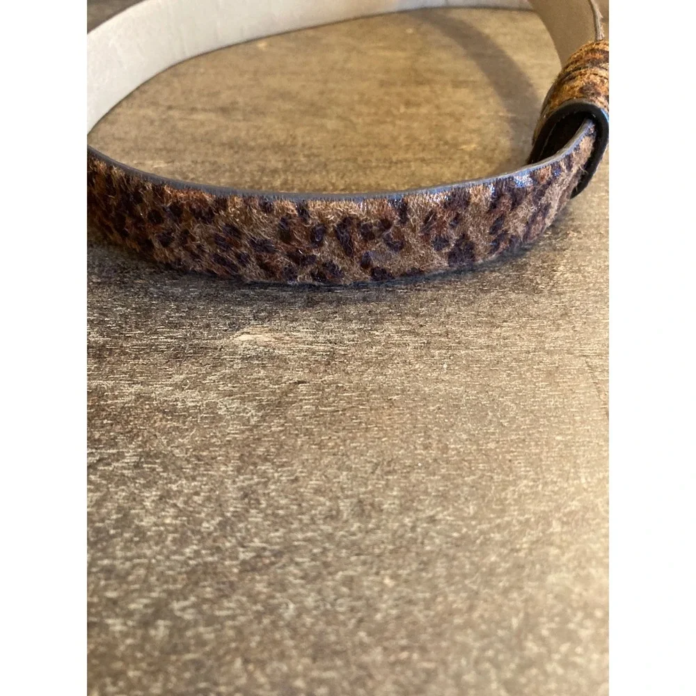 Leopard Print Skinny Belt Gunmetal T-Bar Buckle Faux Hair Animal Print Brown M